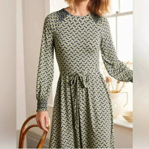 Boden Grace Smocked Jersey Dress Gray and Navy size US 14 Long